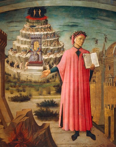 Dante Alighieri met de Goddelijke Komedie in zijn hand en bergen van het vagevuur op de achtergrond, detail van de Goddelijke Komedie, door Dante Alighieri, door Domenico di Michelino, fresco, Basiliek van Santa Maria del Fiore, Florence. Italië, 1465 door Domenico di Michelino