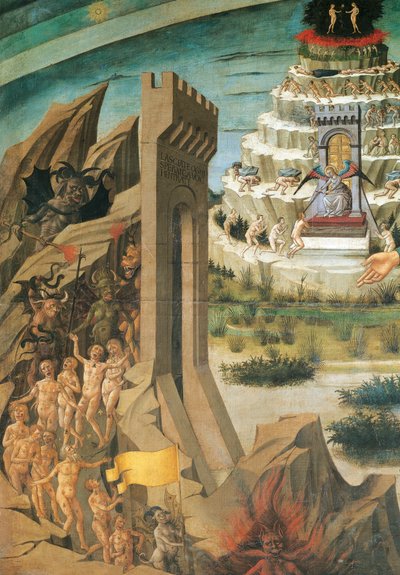 Figuren van verdoemden, detail (uit Dante met Goddelijke Komedie), fresco door Domenico di Michelino, Kathedraal van Santa Maria del Fiore, Florence, Italië door Domenico di Michelino
