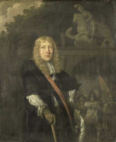 Portret van een officier van de Leidse burgerwacht voor de poort van het hoofdkwartier van de St. Joriswacht door Domenicus van Tol