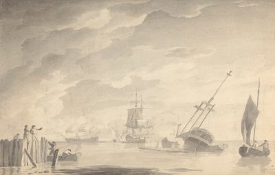 Gevechtsscène, Drie Slagschepen, Eén Zinkend; Figuren Links in Roeiboot en Staande Pier door Dominic Serres