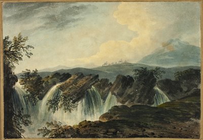 Kamelenkaravaan steekt vliegtuig over boven waterval door Dominic Serres