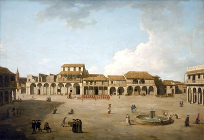 Havana Square (Cuba), augustus en september 1762, onder Britse bezetting met een troep soldaten in rode uniformen, beschrijving van de gebouwen en enkele Engelse zeelieden bij de fontein door Dominic Serres