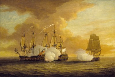 Zeegevecht tussen HMS Lion en Elisabeth en het Franse schip Du Teillay op 9 juli door Dominic Serres