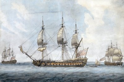 Portret van een Brits 74-kanonschip, in Solent (Engeland), gezien vanuit drie verschillende hoeken door Dominic Serres