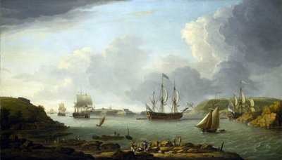 Terugkeer van een vloot naar Plymouth (Engeland), beschrijving van de stad en de baai, inclusief Drake Island en Edgcumbe Mountain door Dominic Serres