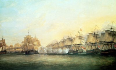 De vierde actie bij Trincomalee tussen de Engelsen onder admiraal Sir Edward Hughes en de Fransen onder M. de Suffren, 1782 door Dominic Serres