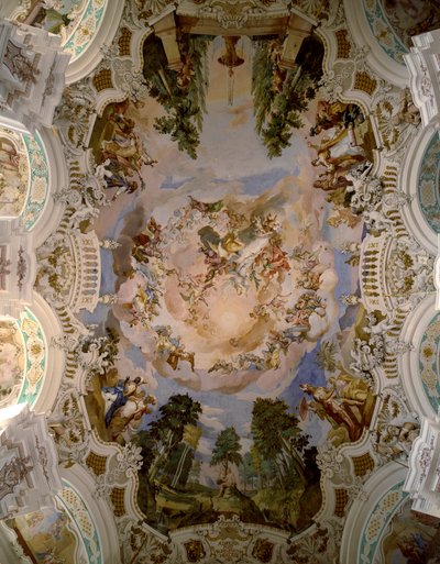 Fresco dat de koepel van het Schussenried-klooster decoreert door architect Domenikus Zimmermann (1685-1766) 1730-1731 Schussenried, Duitsland door Dominikus Zimmermann