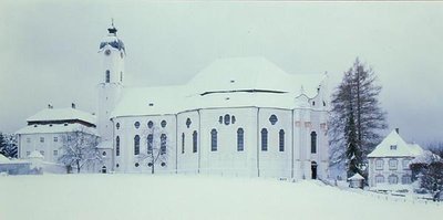 Uitzicht op de Wieskirche in de sneeuw door Dominikus Zimmermann