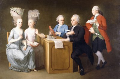 Een groepsportret van Monsieur Le Roy, met zijn twee dochters en twee zonen, zittend aan een tafel, 1779 door Dominique Doncre