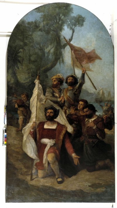 De navigator Christoffel Columbus (Cristoforo Colombo, Cristobal Colon) (1451-1506) bij zijn aankomst in de Nieuwe Wereld in 1492 door Dominique Magaud