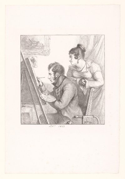 Zelfportret van de kunstenaar in actie met toekijkende vrouw door Dominique Vivant Denon (baron)