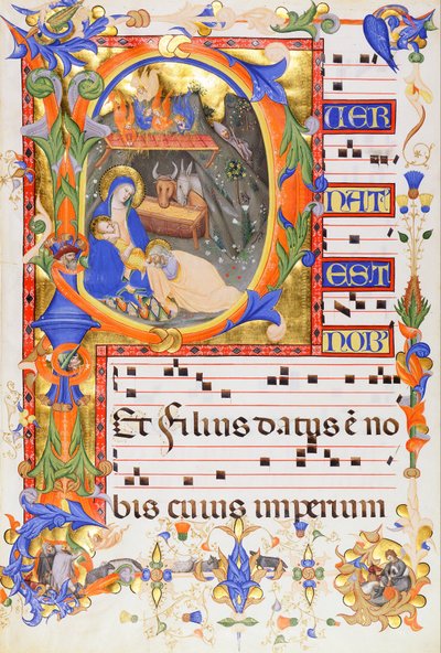 Geboorte, in een initiaal P door Don Silvestro dei Gherarducci