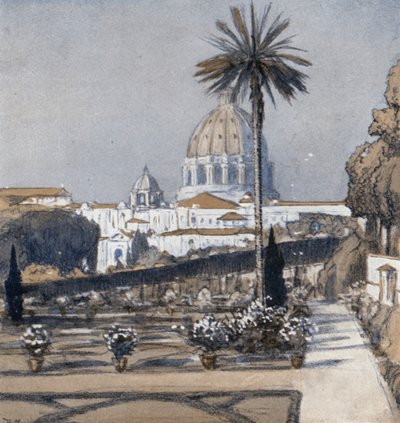 De Vaticaanse Tuinen (kleur litho) door Donald (after) Maxwell