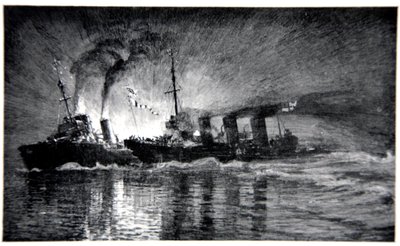 HMS Broke ramt de Duitse torpedobootjager, illustratie uit 