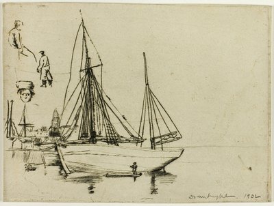 Schets van vissersboten en zeelieden door Donald Shaw MacLaughlan