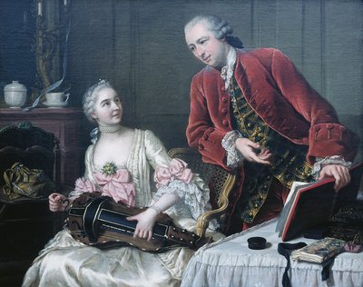 Portret van Monsieur en Madame de Corcelles die Muziek maken in een Interieur door Donat Nonotte