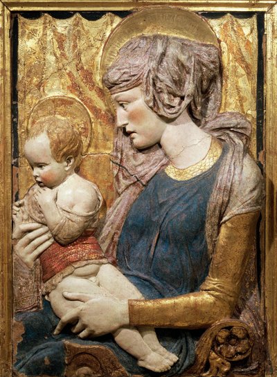 Maagd en Kind, ca. 1440, door Donatello (ca. 1386-1466), beschilderd en verguld terracotta reliëf door Donatello