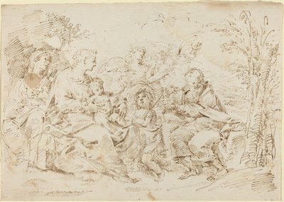 Heilige Familie met St. Elizabeth, St. Johannes de Doper en twee engelen in een landschap door Donato Creti