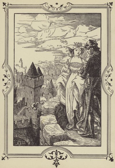 Annoure bracht de Koning naar de kantelen (litho). door Dora Curtis