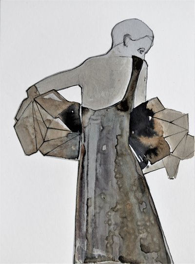 Contemplatieve vrouw in het grijs door Doris Schmitz