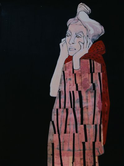 Peinzende vrouw in het rood door Doris Schmitz