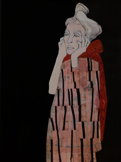 Peinzende vrouw in het rood door Doris Schmitz