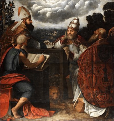Geschil van vier kerkvaders over de Onbevlekte Ontvangenis, 1541 door Dosso Dossi