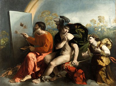 Jupiter, Mercurius en de Deugd Jupiter schildert vlinders door Dosso Dossi