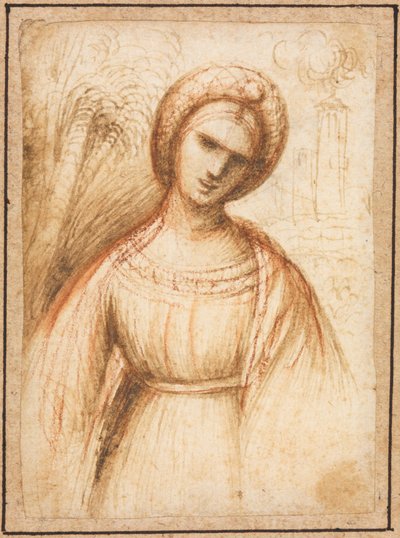 Dame in een landschap recto, buste-lengte profiel van een oude vrouw verso, ca. 1521 door Dosso Dossi