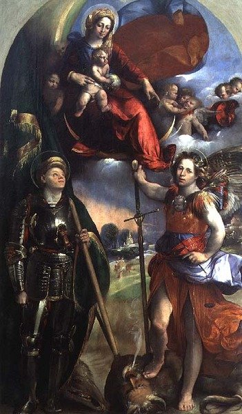 Madonna en Kind met St. George en St. Michael door Dosso Dossi
