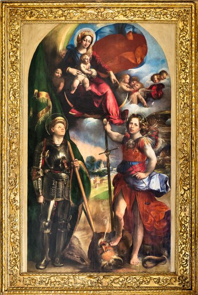 Madonna met het Kind Jezus en Sint-Joris en Aartsengel Michaël, ca.1518 door Dosso Dossi