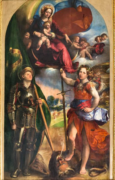 Madonna met het kindje Jezus en St. Joris en St. Michaël Aartsengel, ca. 1518 door Dosso Dossi