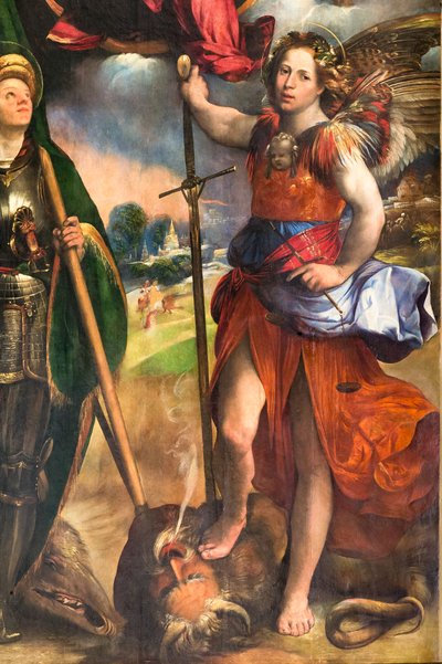 Madonna met het kindje Jezus en Sint Joris en Sint Michaël Aartsengel (detail) door Dosso Dossi
