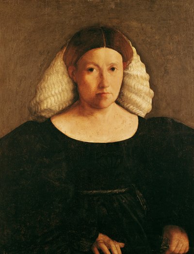 Portret van een vrouw met een witte haarnet door Dosso Dossi