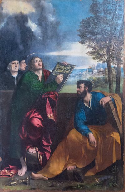 Sint Johannes de Evangelist en Sint Bartholomeus met Pontichino della Sale en een lid van zijn familie door Dosso Dossi