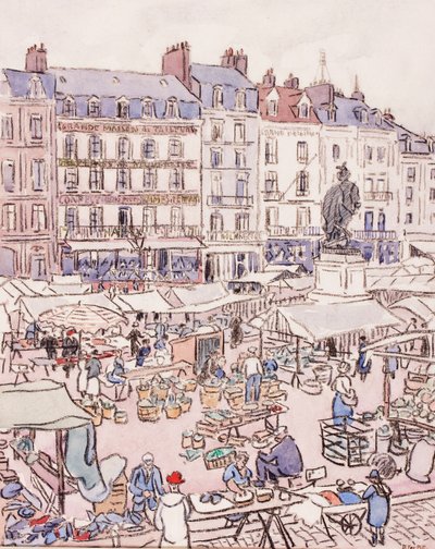Place Nationale, Dieppe, ca. 1910 (krijt en wc op papier) door Douglas Fox Pitt