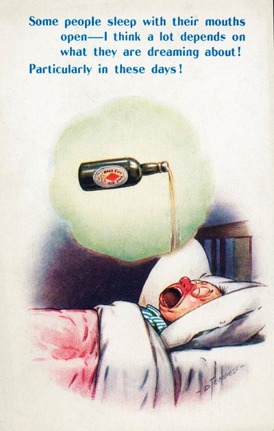 Alcoholisme: man slaapt met open mond en droomt van bier (kleurenlitho) door Douglas Tempest