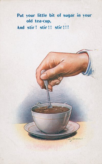 Suiker roeren in een theekopje (kleurenlitho) door Douglas Tempest