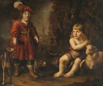 Portretten van twee jongens in een landschap, een gekleed als jager, de ander als Johannes de Doper door Douwe Juwes de Dowe