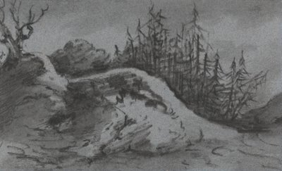 Compositie van rotsen en pijnbomen door Dr. Thomas Monro
