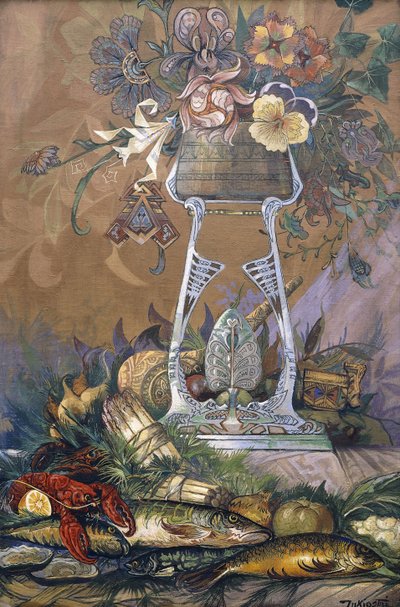 Bloemen in een Vaas op een Standaard met Asperges, Kreeften, Oesters en Vis door Dragutin Inkiostri Medensak