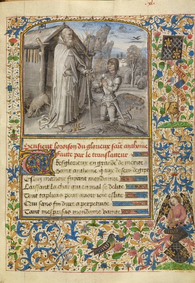 Een jonge ridder in harnas knielt in gebed voor Sint Antonius door Dreux Jean