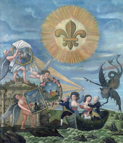 De Hoop op Geluk Gewijd aan de Natie met Lodewijk XVI (1754-93) Gedreven door Goedheid en Jacques Necker (1732-1804) Gedreven door Waarheid, 1789 door Dubois