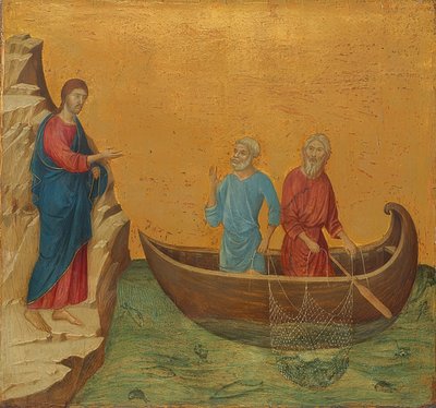 De wonderbaarlijke visvangst en de roeping van de apostelen Petrus en Andreas. 1308-11 door Duccio di Buoninsegna