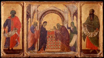 Leven van Christus: Koning Salomo, de presentatie in de tempel, Maleachi. Predella van La Maesta door Duccio di Buoninsegna