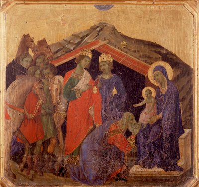 Leven van Christus, de aanbidding van de wijzen. Predella van La Maesta door Duccio di Buoninsegna