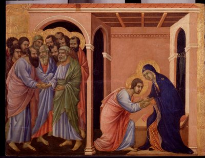 Maria neemt afscheid van Johannes, buiten schudden de apostelen Petrus en Paulus elkaar de hand (detail) door Duccio di Buoninsegna