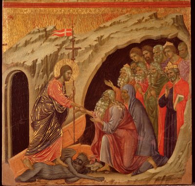 Passie: de afdaling in de limbo. Maesta altaarstuk (tempera en goud op hout) door Duccio di Buoninsegna