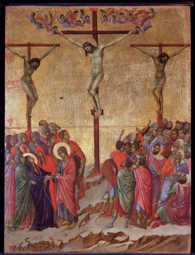 De kruisiging. Aan de zijkanten, de goede dief (Dismas) en de onboetvaardige dief (Gestas) door Duccio di Buoninsegna