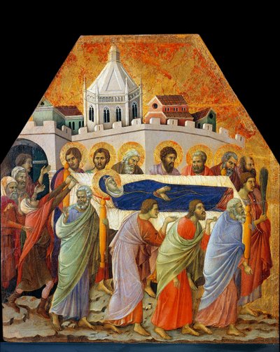 De begrafenis van de Maagd, Sint Jan met de palm opent de weg door Duccio di Buoninsegna